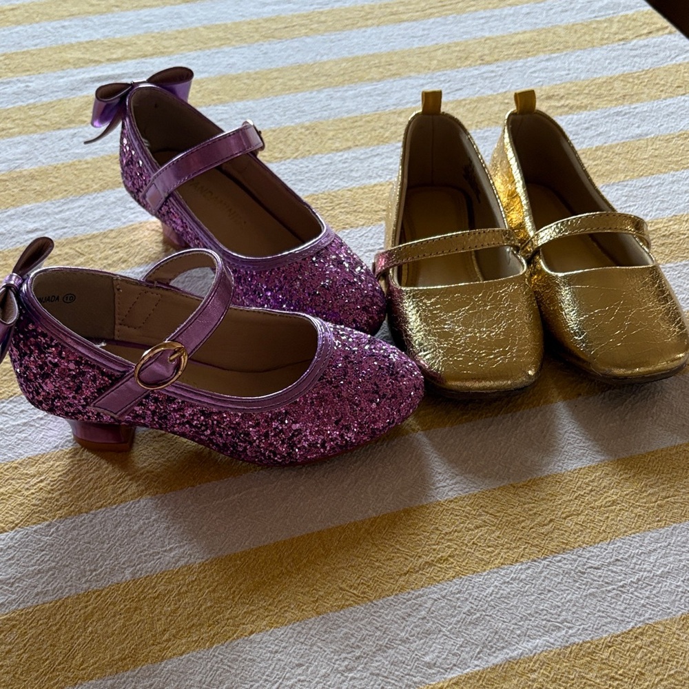 Purple Glitter heels and Gold Mary Jane Girl shoes size 10